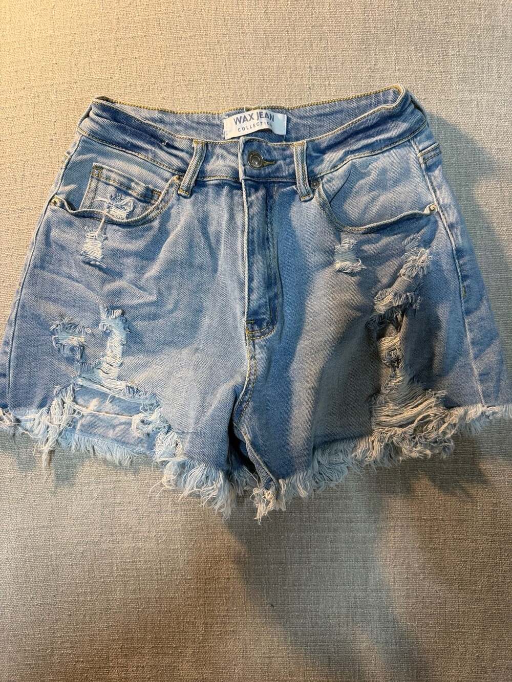 Wax Jean Collection Distressed Raw Hem Denim Shorts, Medium